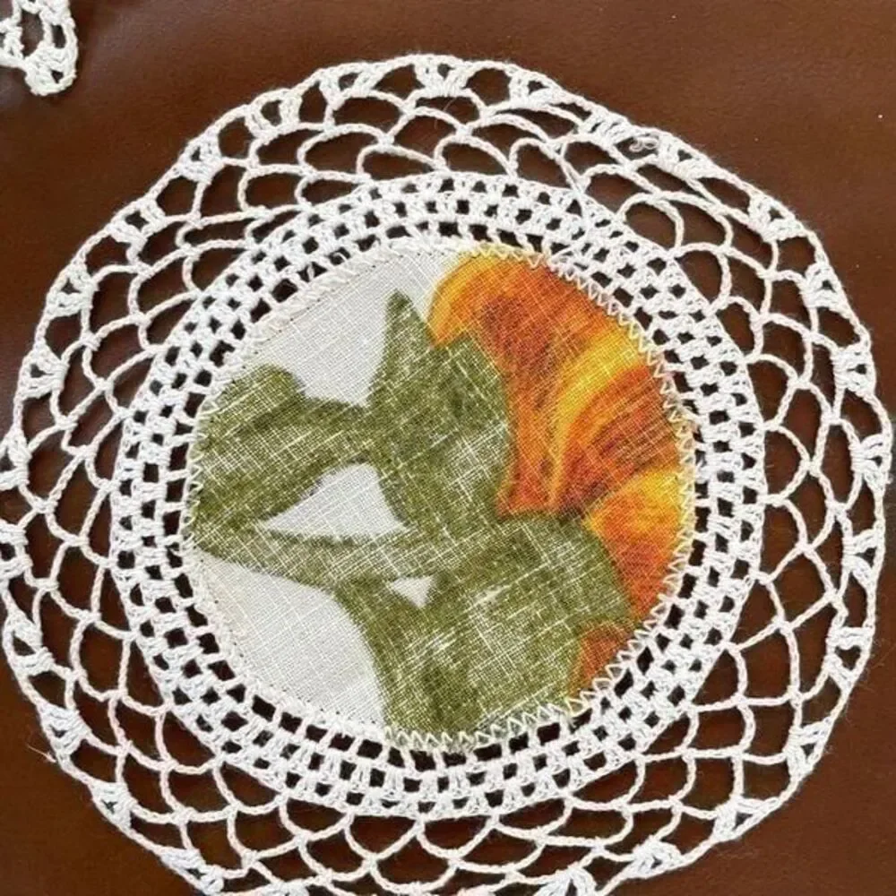 Vintage 7pc Handmade Doilies Fabric Floral Centers